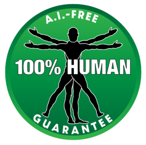 A circular green badge showing the outline of the Vitruvian Man with the text "A.I. Free" followed by "100% Human" and "Guarantee" wittier in white text.