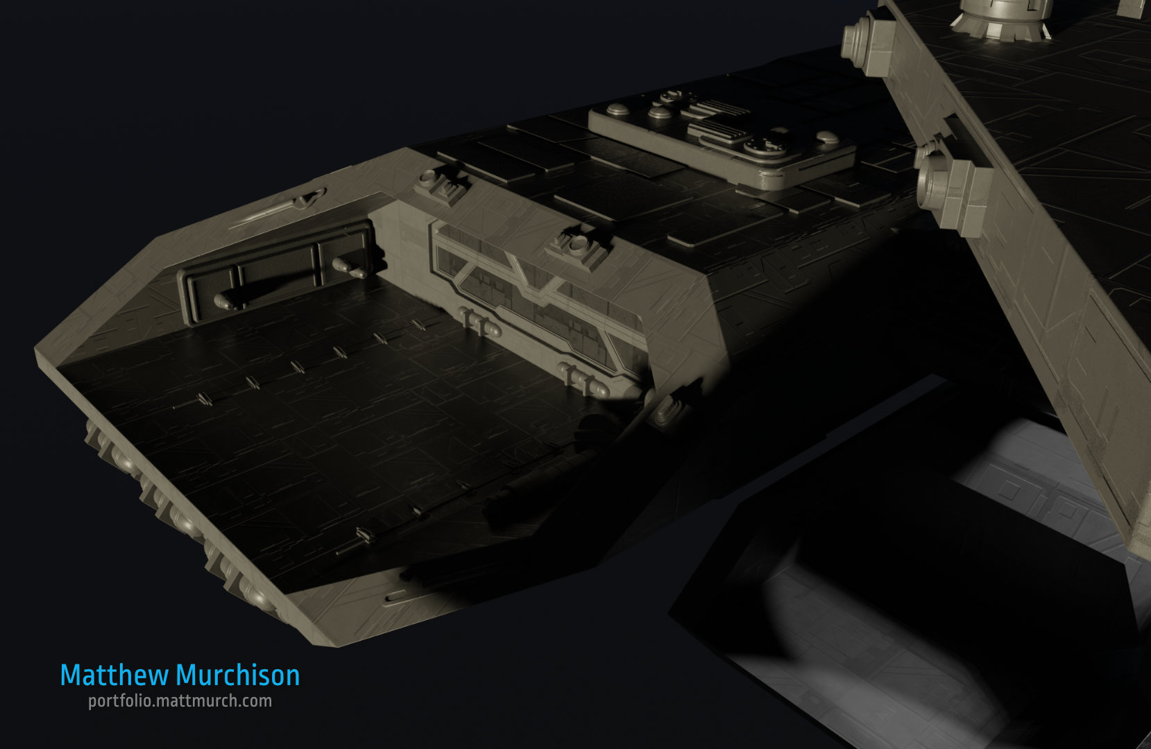 A closer view of the screen accurate detail work in the greebles, and in the functional areas like the hangar doors.