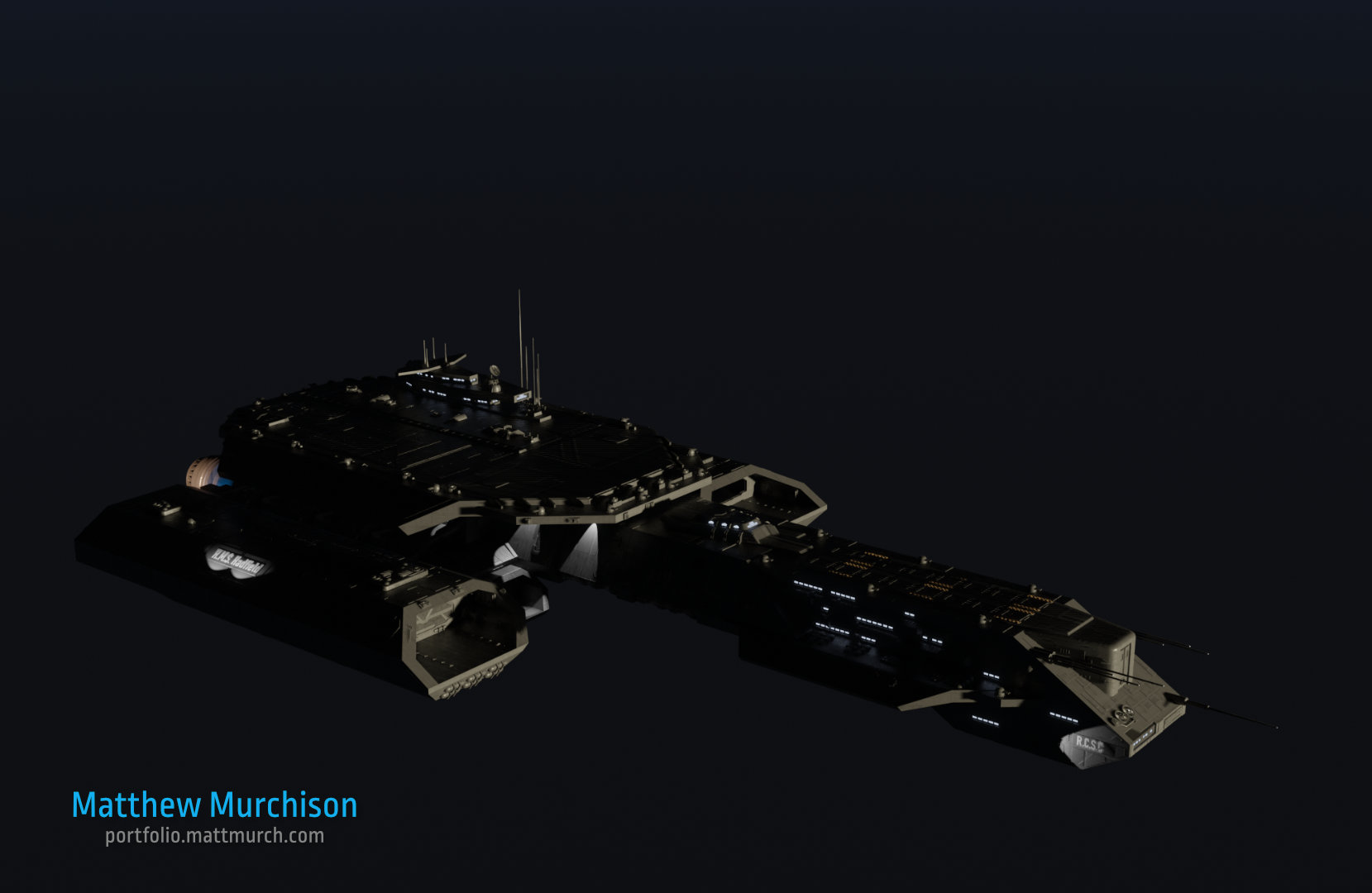 3/4 view of the spaceship showing all the greebles and details catching the light.