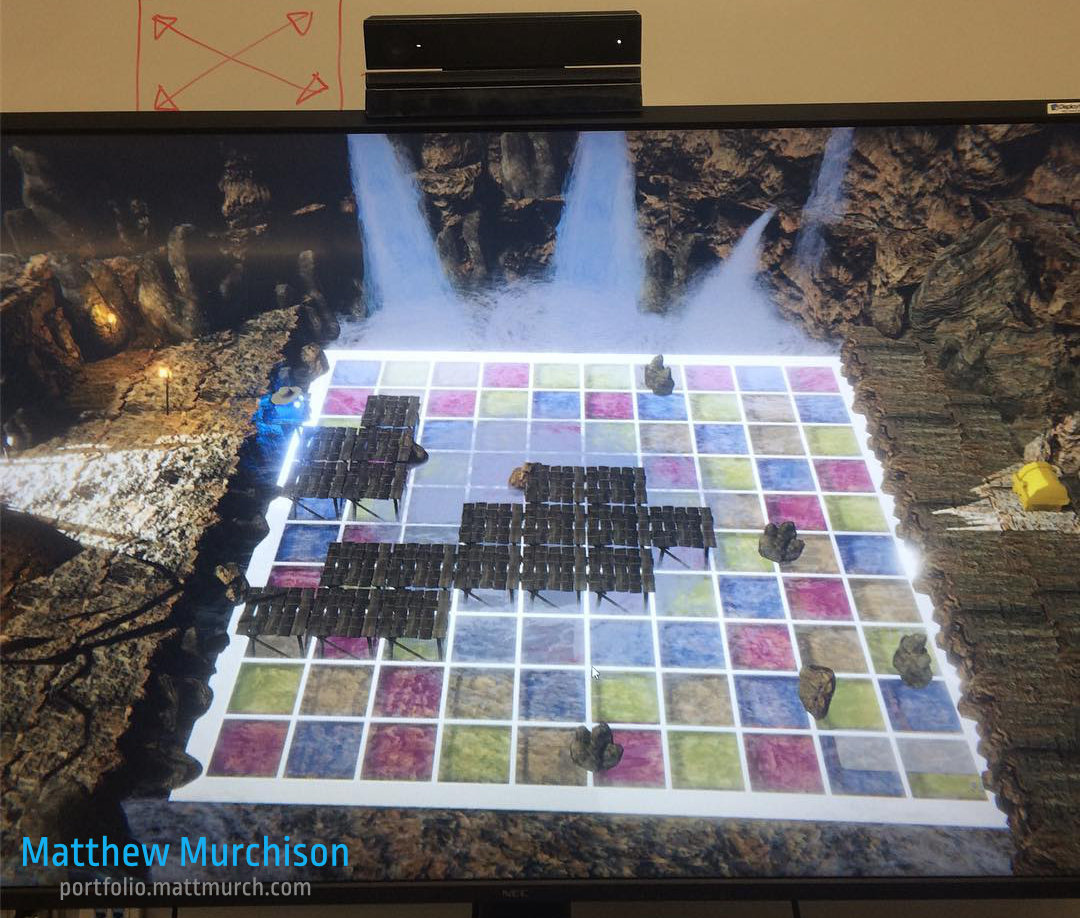 Demoing Cave Heist with a Kinect Sensor Bar to emulate the Hospital's pressure floor.