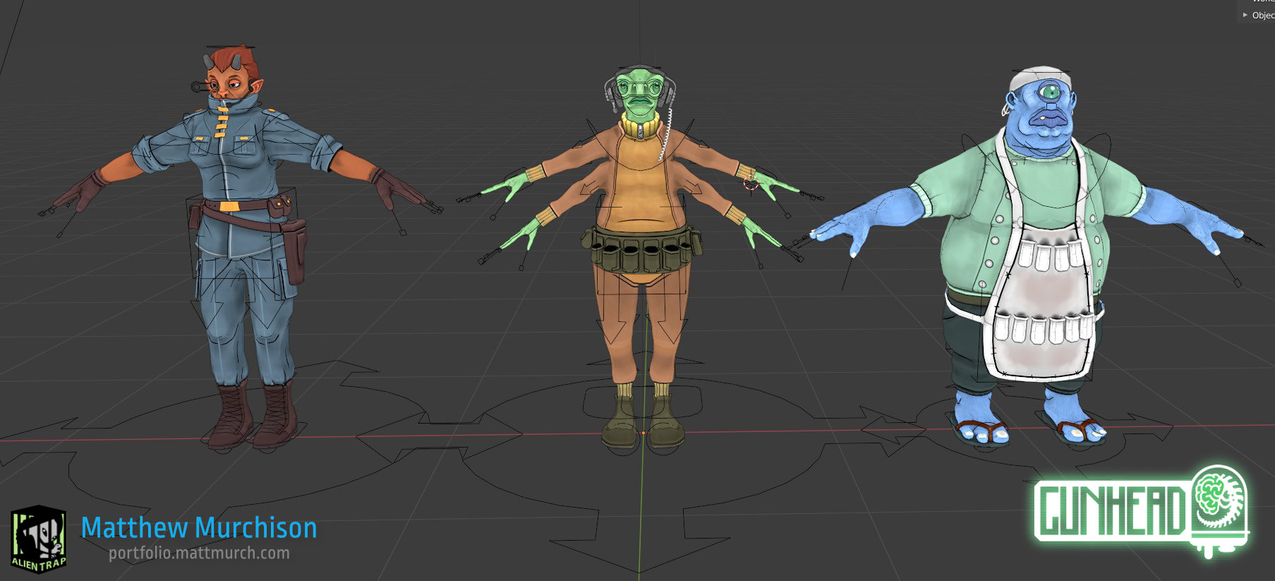 The three bridge characters with riggify controls.
