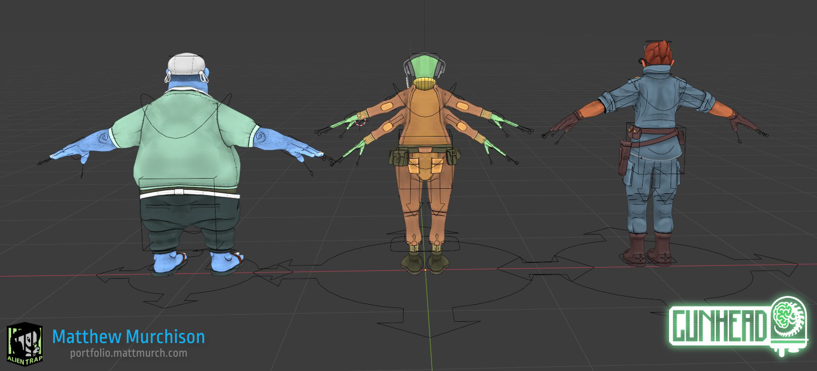 The three bridge characters with riggify controls.