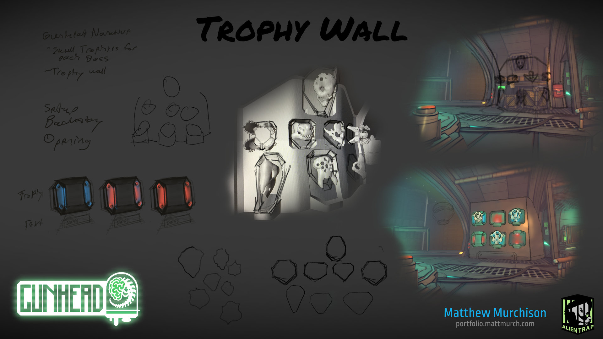 Design sketches for tthe trophy wall and the trophy slots.