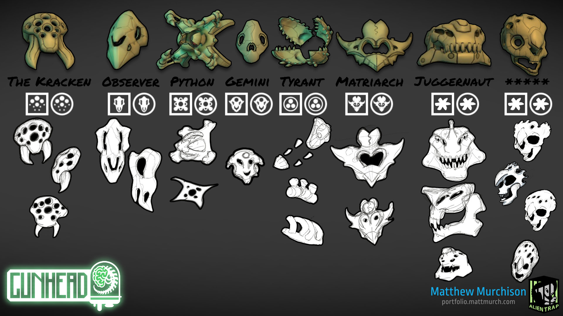 The evolution of the skull designs from sketch to model.
