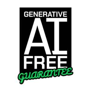 A black badge with white and green lettering. The badge is guaranteeing the works created here are free from generative AI in all parts of their workflow.