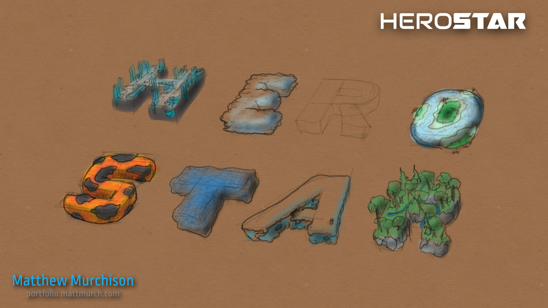 My concept art for different environment themes each letter in the logo would have had.