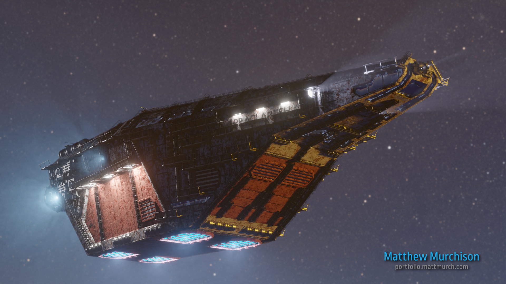 The Praclarush, a hollow belly cargo space ship, in orbit around Neptune.