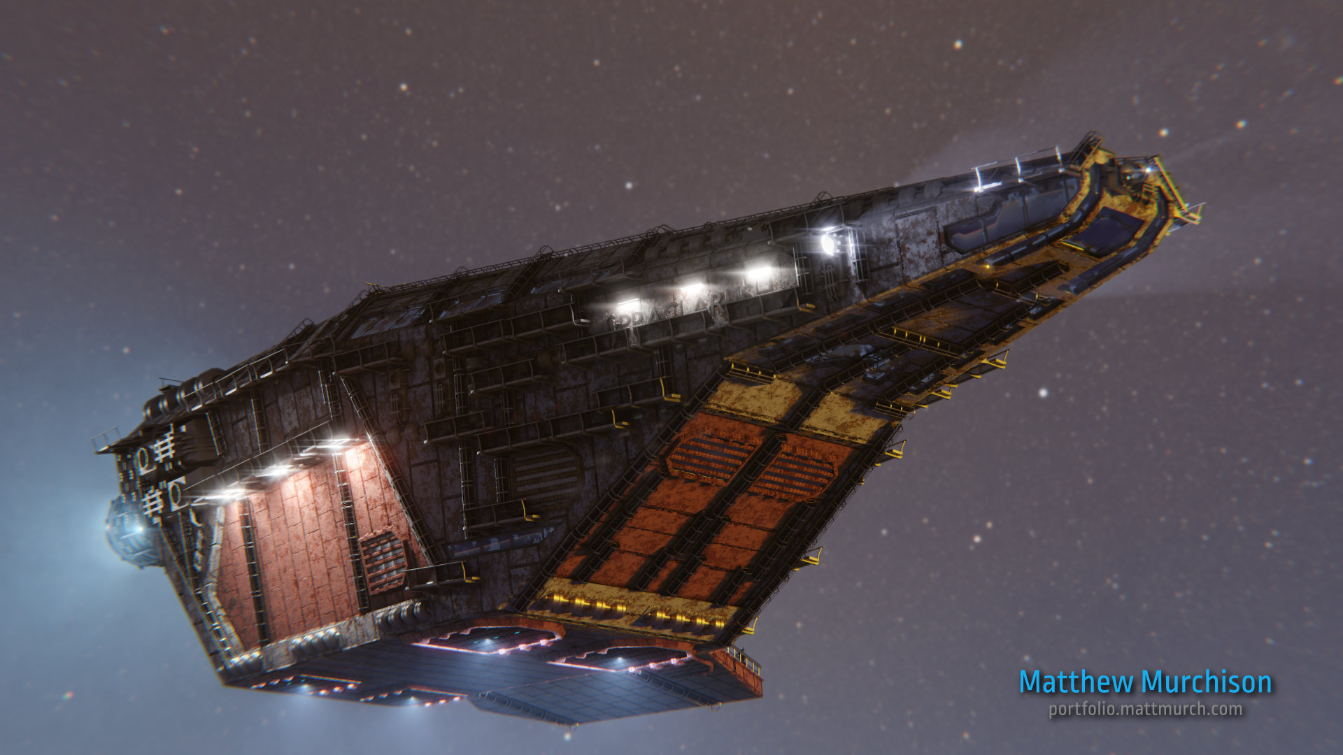 The Praclarush, a hollow belly cargo space ship, in orbit around Neptune.