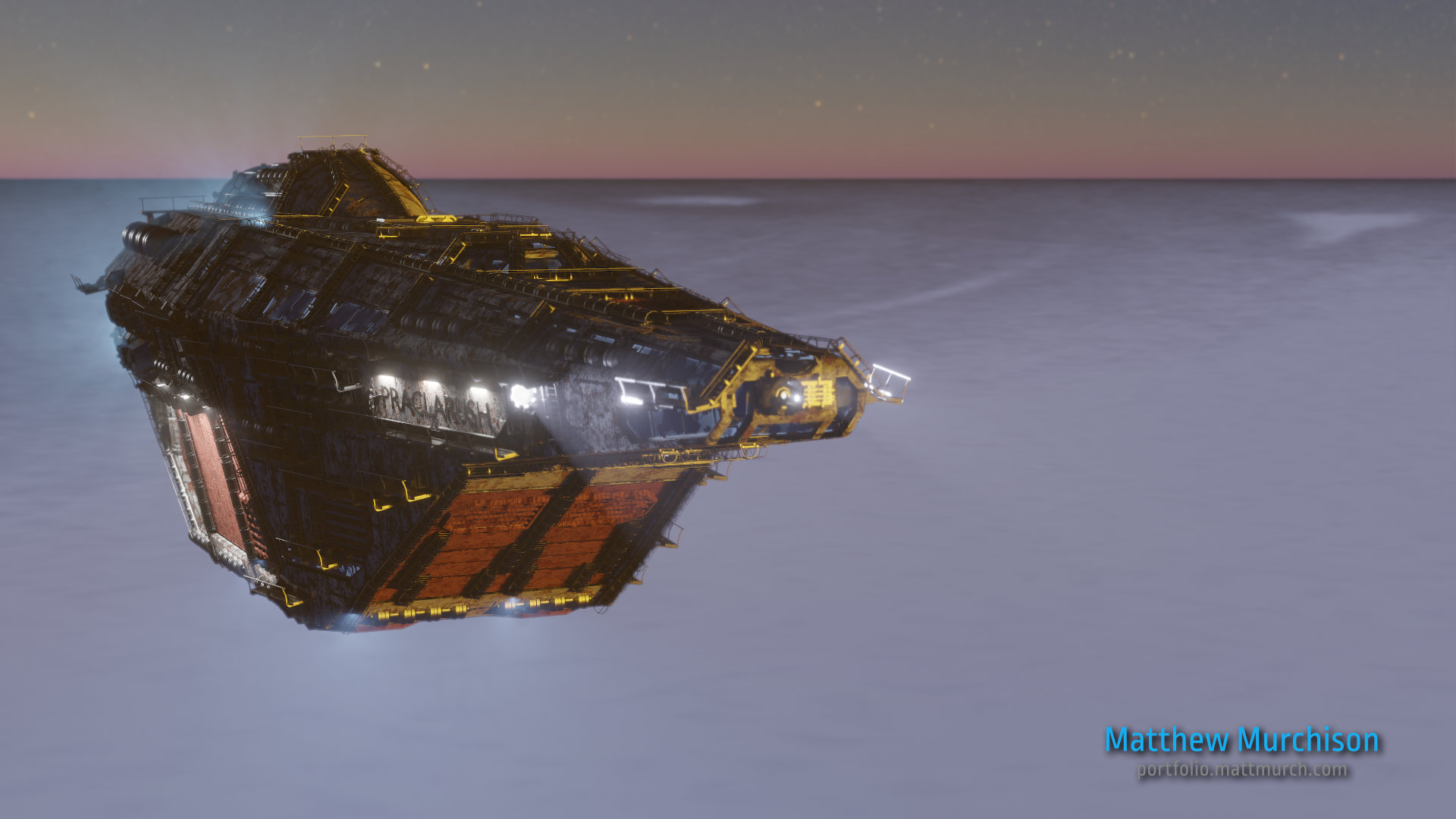 The volumetric lighting in Eevee really shines here. A bit of atmosphere adds nice depth to the space ship and grabs the eye.