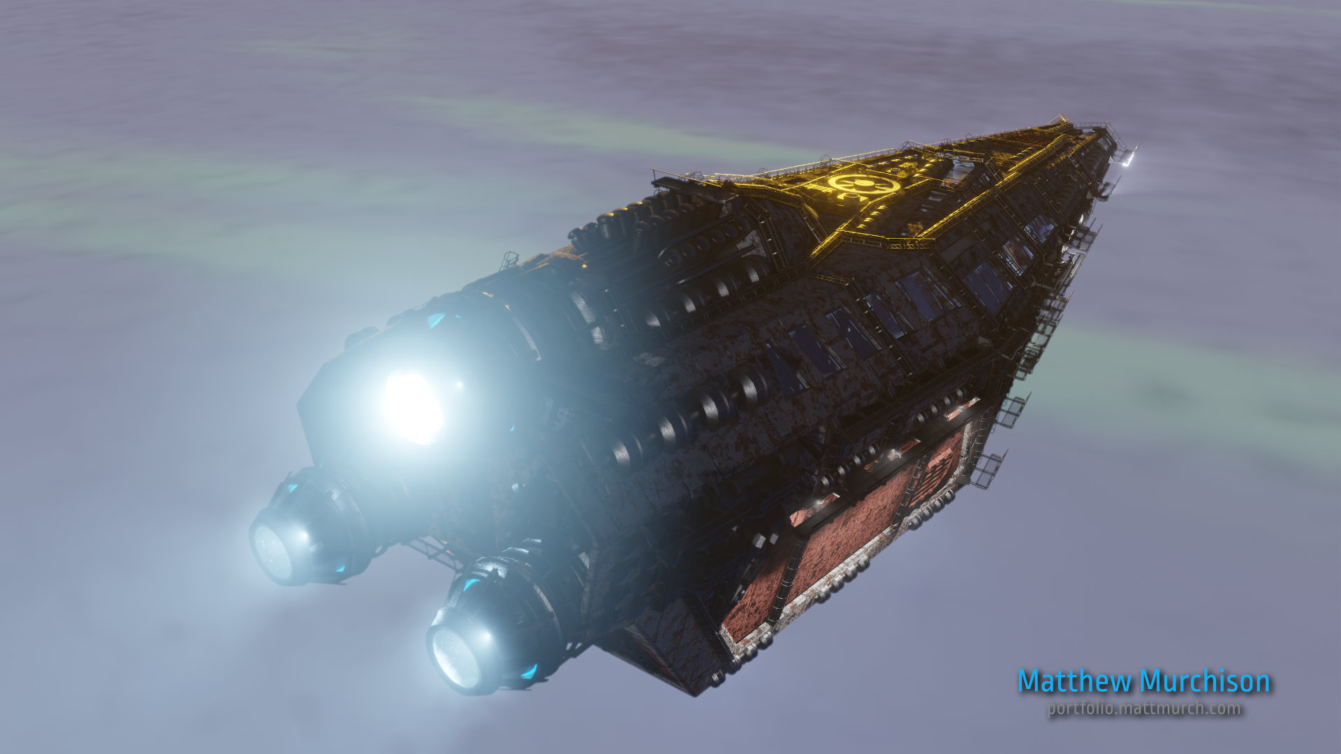 The space ship Praclarush in a Neptune Sunset.