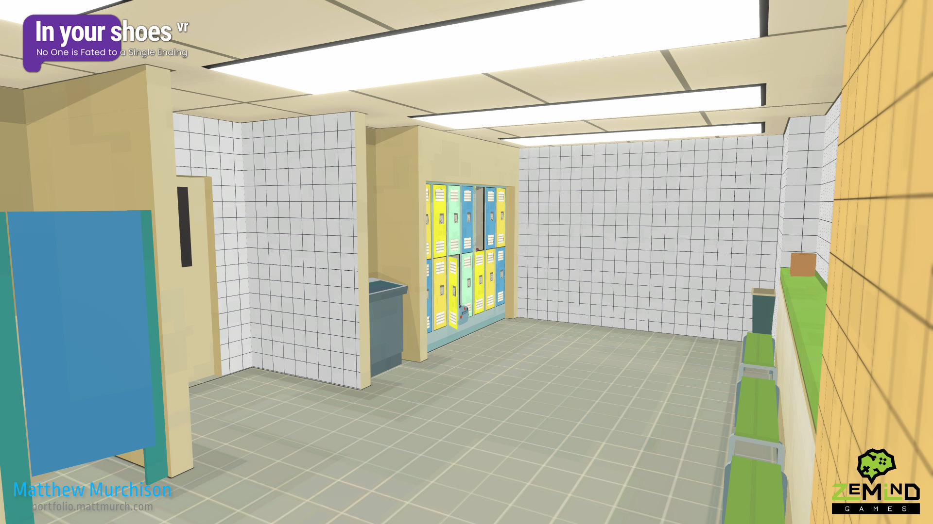 The entrance, lockers and benches in the locker room.
