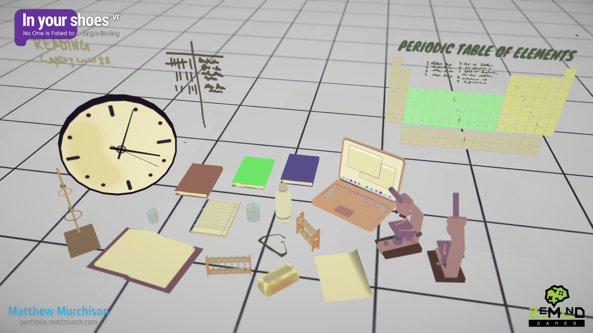 The prop assets I created for the science classroom.
