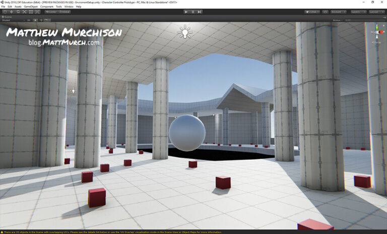 A view of a large open area. It has walls, floors, roofs, and thick columns, bur they are all covered in a white and grey grid. There is a large opening in the center of the ceiling, and a large rectangular hole in the floor exposing darkness below. All across the floor, small red cubes are scattered at random.