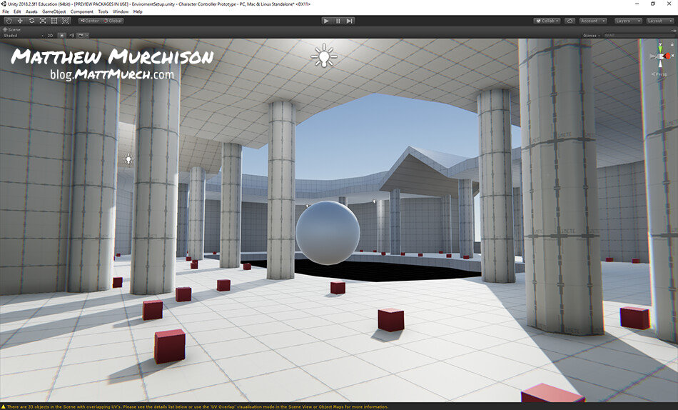 A view of a large open area. It has walls, floors, roofs, and thick columns, bur they are all covered in a white and grey grid. There is a large opening in the center of the ceiling, and a large rectangular hole in the floor exposing darkness below. All across the floor, small red cubes are scattered at random.