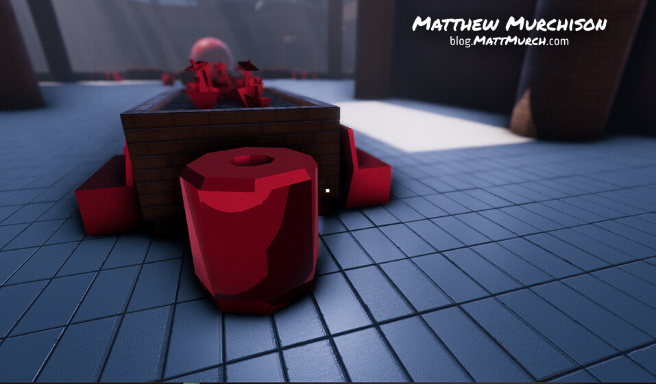 A close up view of a red garbage can, it's shaded like a comic book illustration. Around it is a realistic mall hallway. Tiles line the floor and the walls and planters are made of red brick. In the distance a skylight lets rays of sunlight shine down.