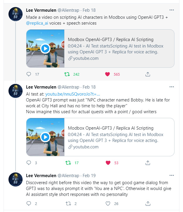 A twitter thread where Lee Vermeulen, CEO of Alientrap Games Inc., shares his progress on GPT and Replica AI powered NPC voices.