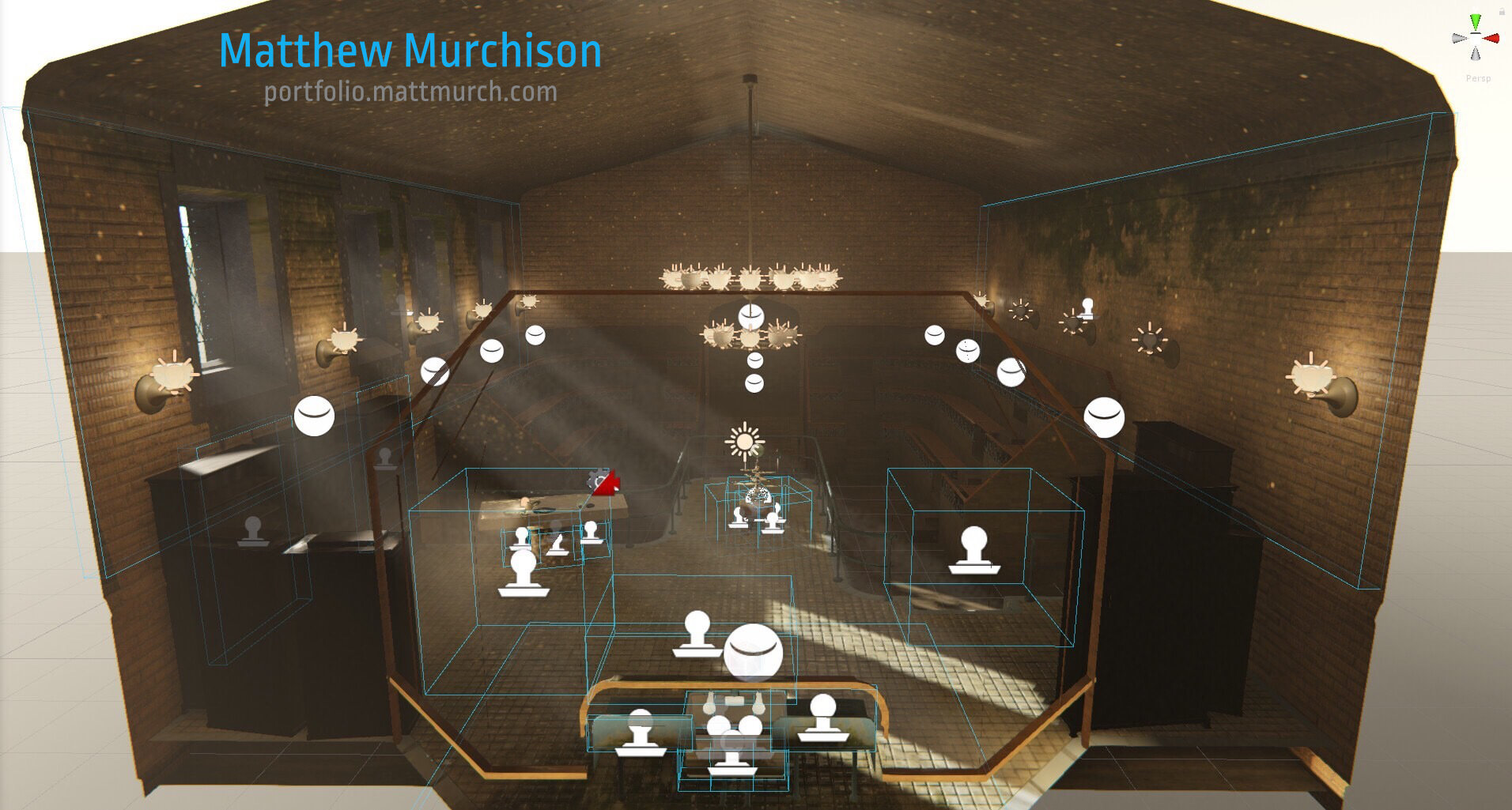 The operating hall with lights and decals marked.