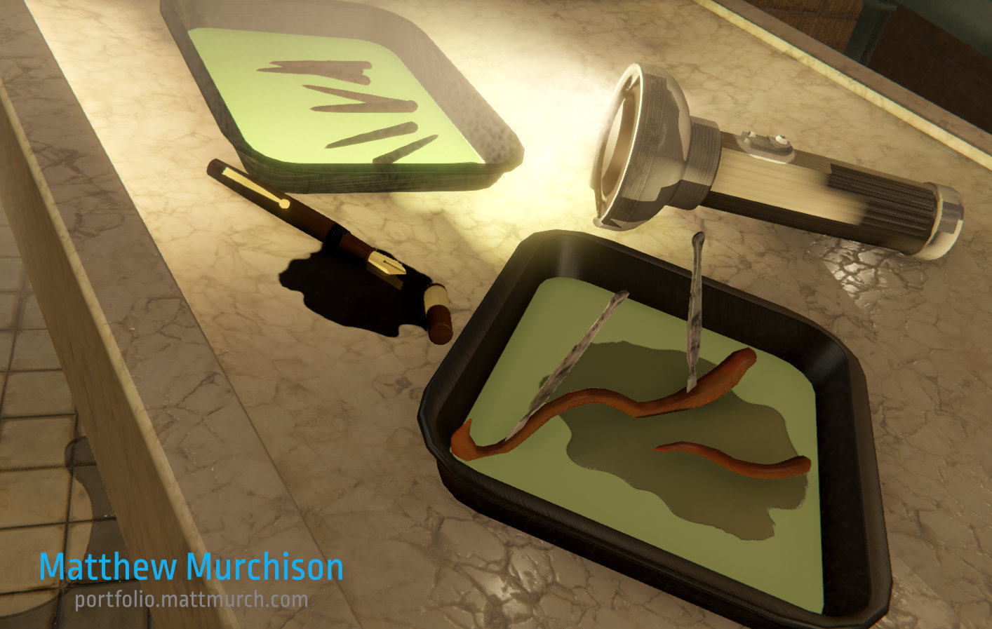 A closer view of the creatures being directed by ;lamp light on the operating table.