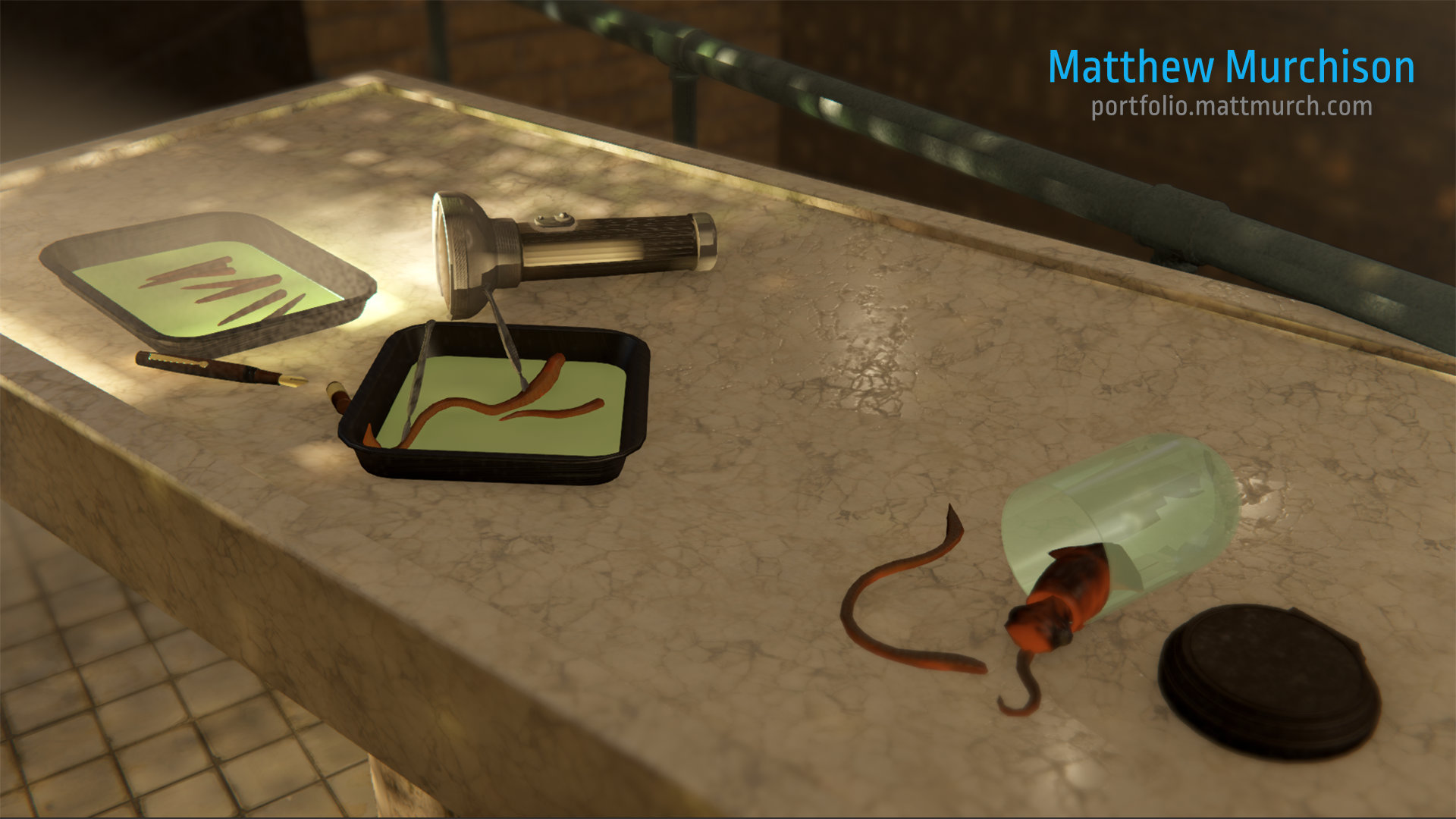A closer view of the creatures being directed by ;lamp light on the operating table.