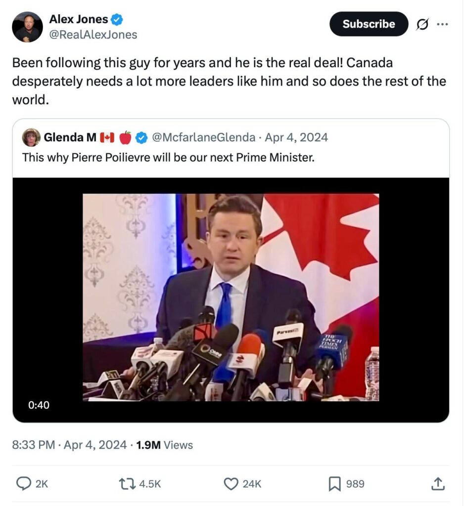 @RealAlexJones endorsing Pierre Poilievre on twitter: "Been following this guy for years and he is the real deal! Canada desperately needs a lot more leaders like him and so does the rest of the world."