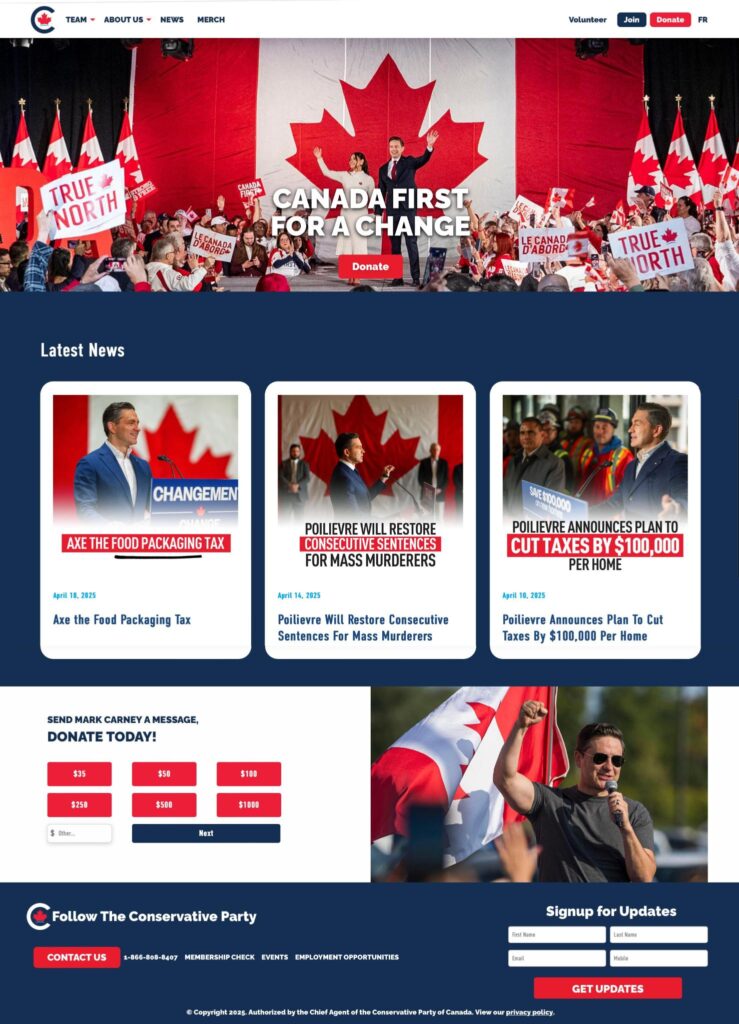 The Conservative Party website showing about 23 Canadian Flags and about 37 maple leaf emblems. (April 21, 225)
