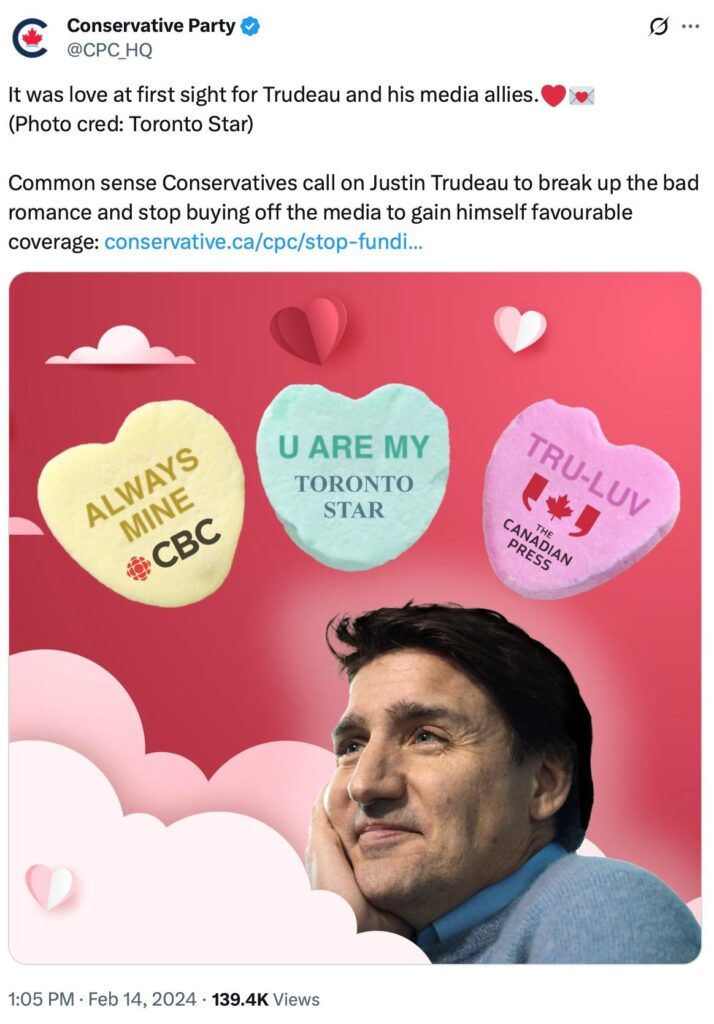 A valentines themed Conservative Party tweet attcking the CBC, Toronto Star and Canadian Press as Trudeau media allies. 