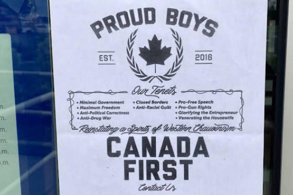 On June 11, Kyle Mardon came across this Proud Boys poster affixed to the outside of the door to the Royal Bank in Sahali. (KTW) From Maple Ridge-Pitt Meadows News