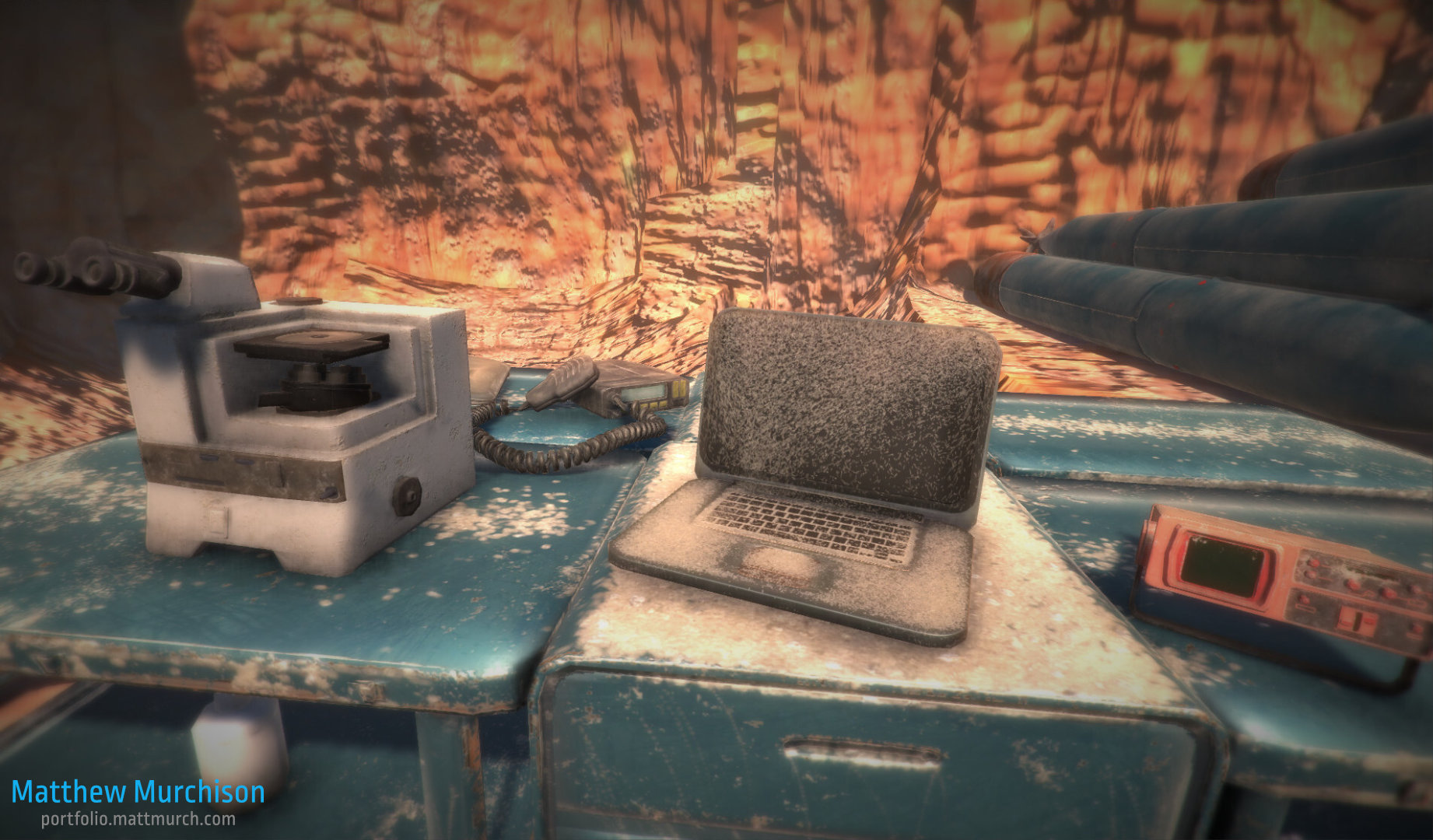 Abandoned desk with tools for scientific investigation.