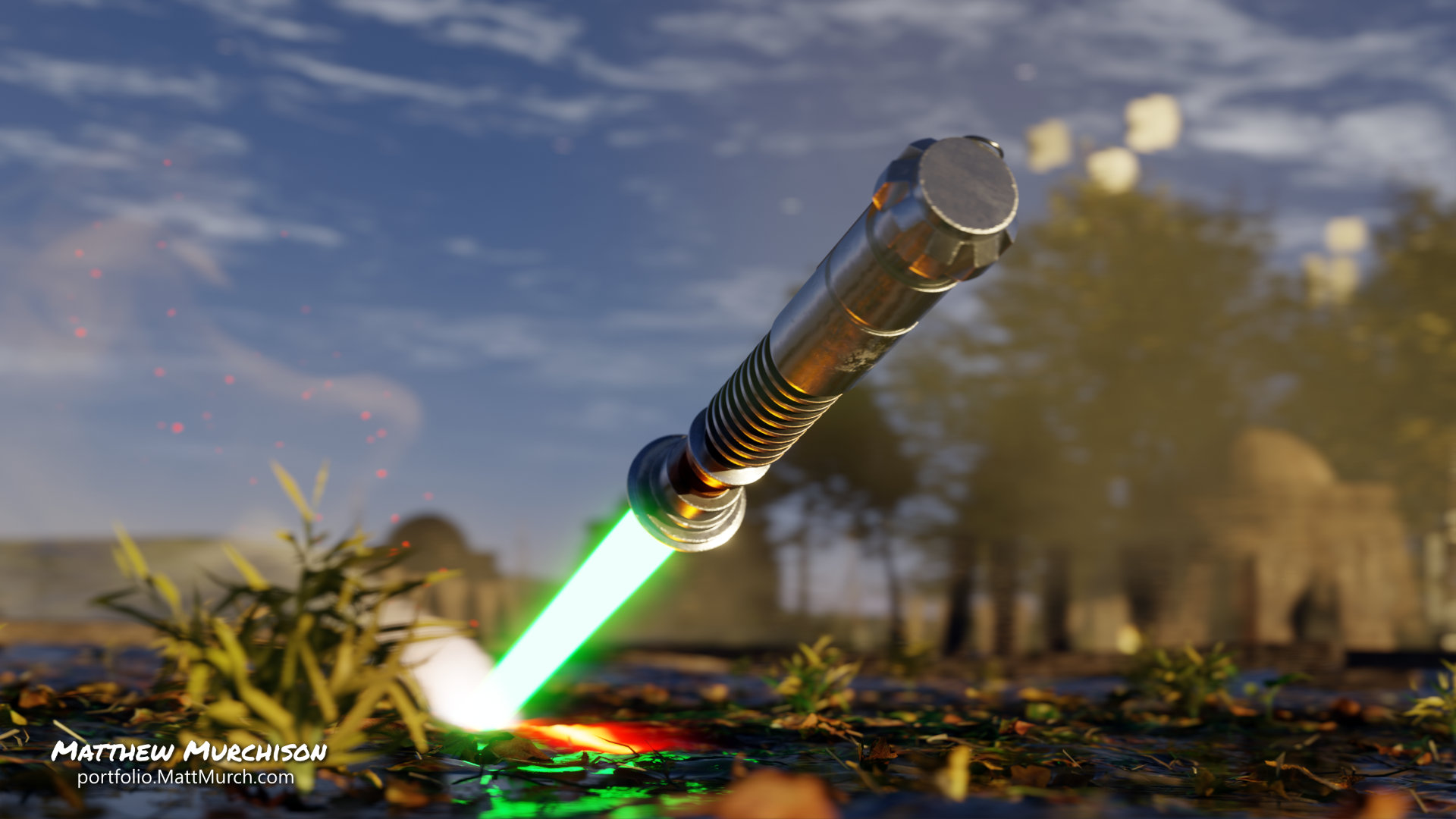 The saber has carved a glowing molten trail through the iron rich swamp muck