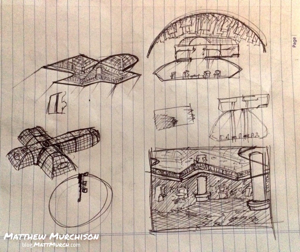 A pen and ink sketch on horizontally rotated lined paper. THe sketch shows several views of a small cross shaped game level. Each view shows a different angle of the level, styled after an 80s mall. The mall features arched skylight ceilings, a dark food court basment, and a mail level lined with shops.
