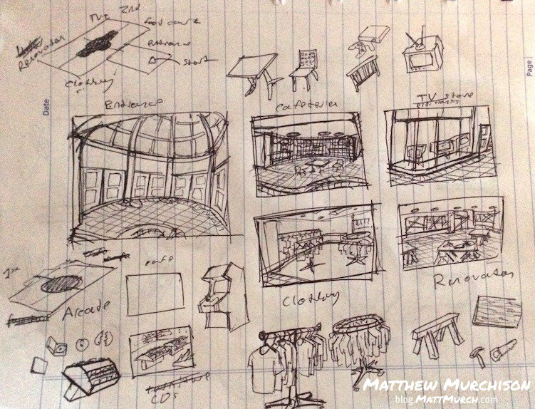 A series or rough pen sketches on a rotated sheet of lined paper. Each sketch shows a different element of an 80s era mall: The main entry filled with skylights and glass doors; the style of some shop fronts with windows or products; and several prop items like arcade cabinets, clothing racks and TVs. At the top of the page is a diagram dividing the mall layout into distinct areas for gameplay.
