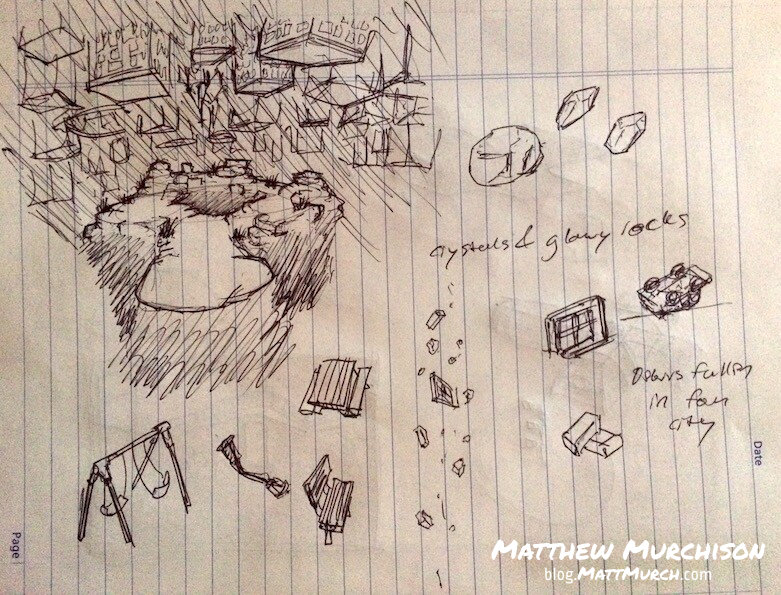 A pen on lined paper sketch for a game level. The sketch shows a upside down city suspended above a dark void. In the center of the void is the level area: smooth pathways with rocks and fog all around. The sketch also shows prop items like bent light posts, park benches, and swingsets