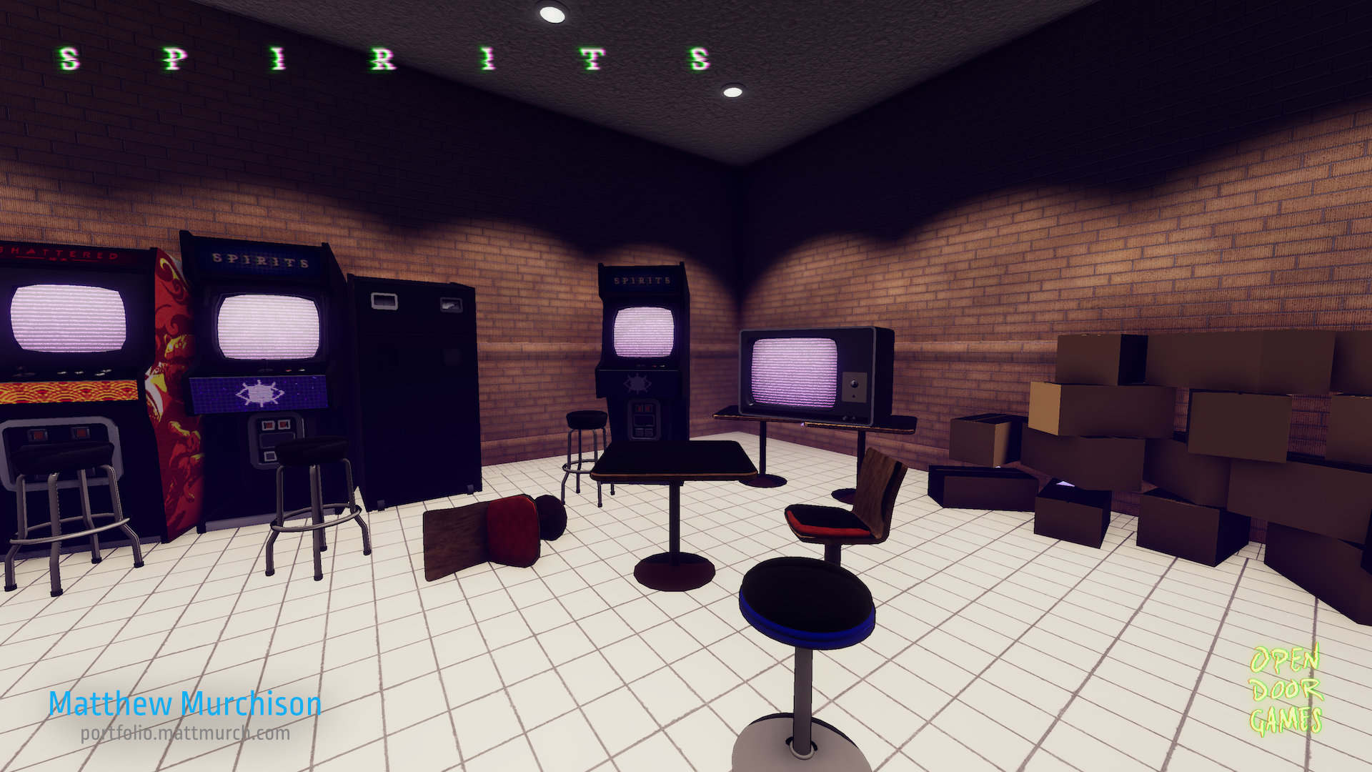 The room connecting Flashback Arcade too TechnoShed. Employees gather, to watch TV and play the Arcade games on there down time.
