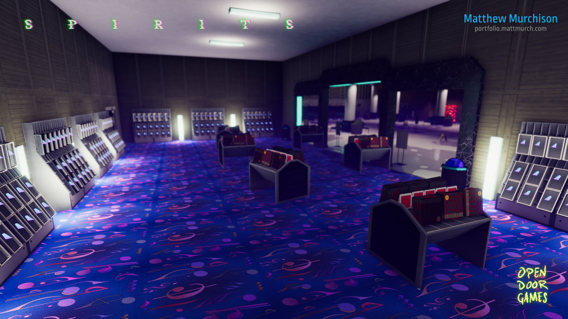 The record store provides a medium level of complexity: A few object types, lots of maneuvering room, and a bright and vibrant room to welcome the player.