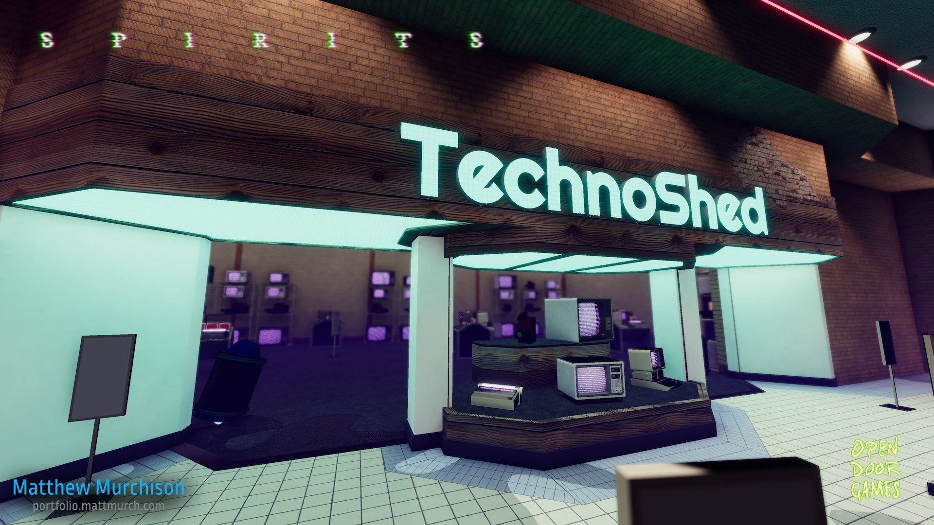 TehcnoShed's sign is based on a retro futuristic angular design style often used for mall electronics shops.