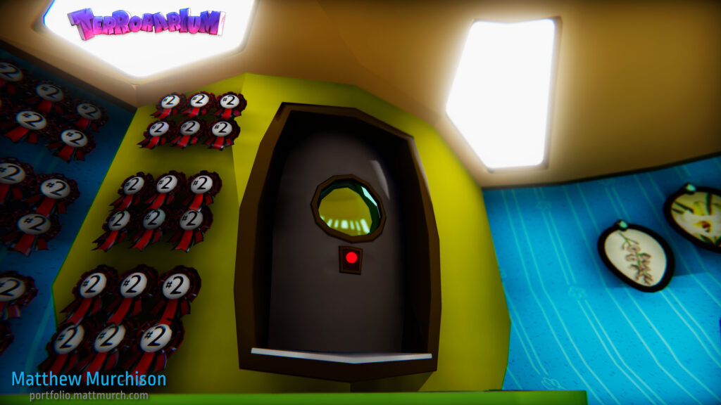 Though the airlock is rarely shown, I designed it with daily use in mind. It functions as the main entryway, by looking like the natural exit it creates a flow to the environment, and makes the room more relatable to players.