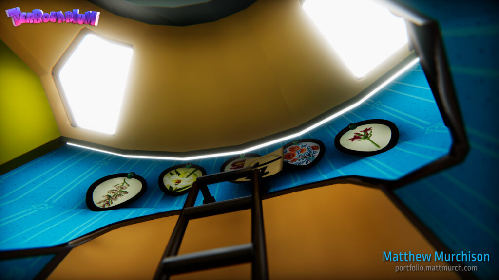 The ladder leading to the Terrorarium below, with illustrations of plants above.